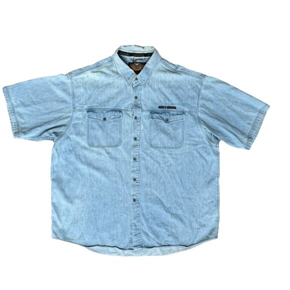 VTG Harley Davidson Denim Shirt Men XXL Short Sleeve Embroidered Flame Logo Back - Picture 1 of 5